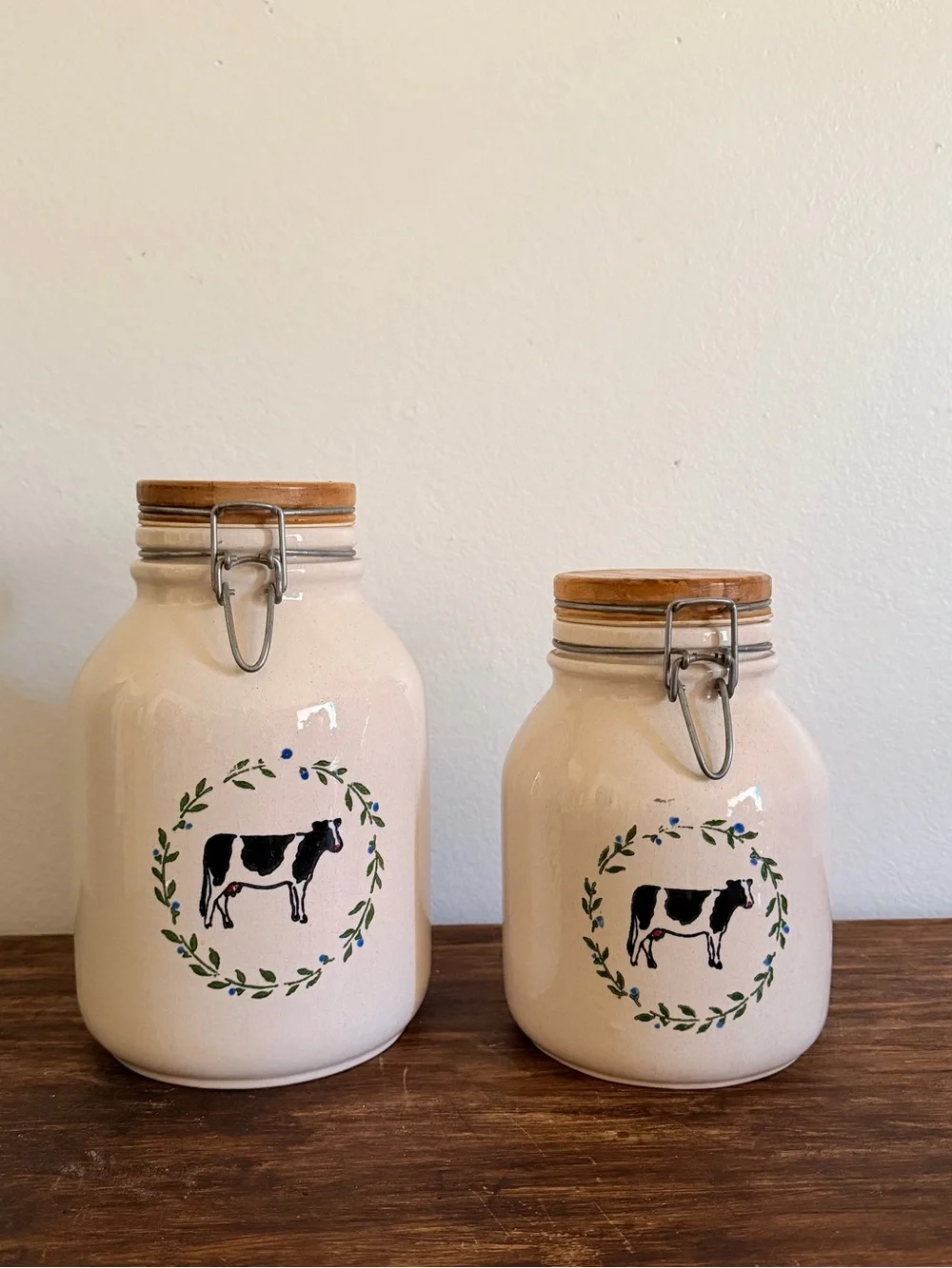 Vintage Cream Ceramic Cow Canisters with Wood Lids
